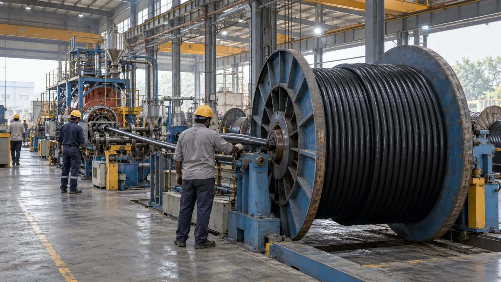 Workers inspect power cable wound onto a reel at a manufacturing plant in Bhiwadi, India. (AI-generated image / EconoTimes)
