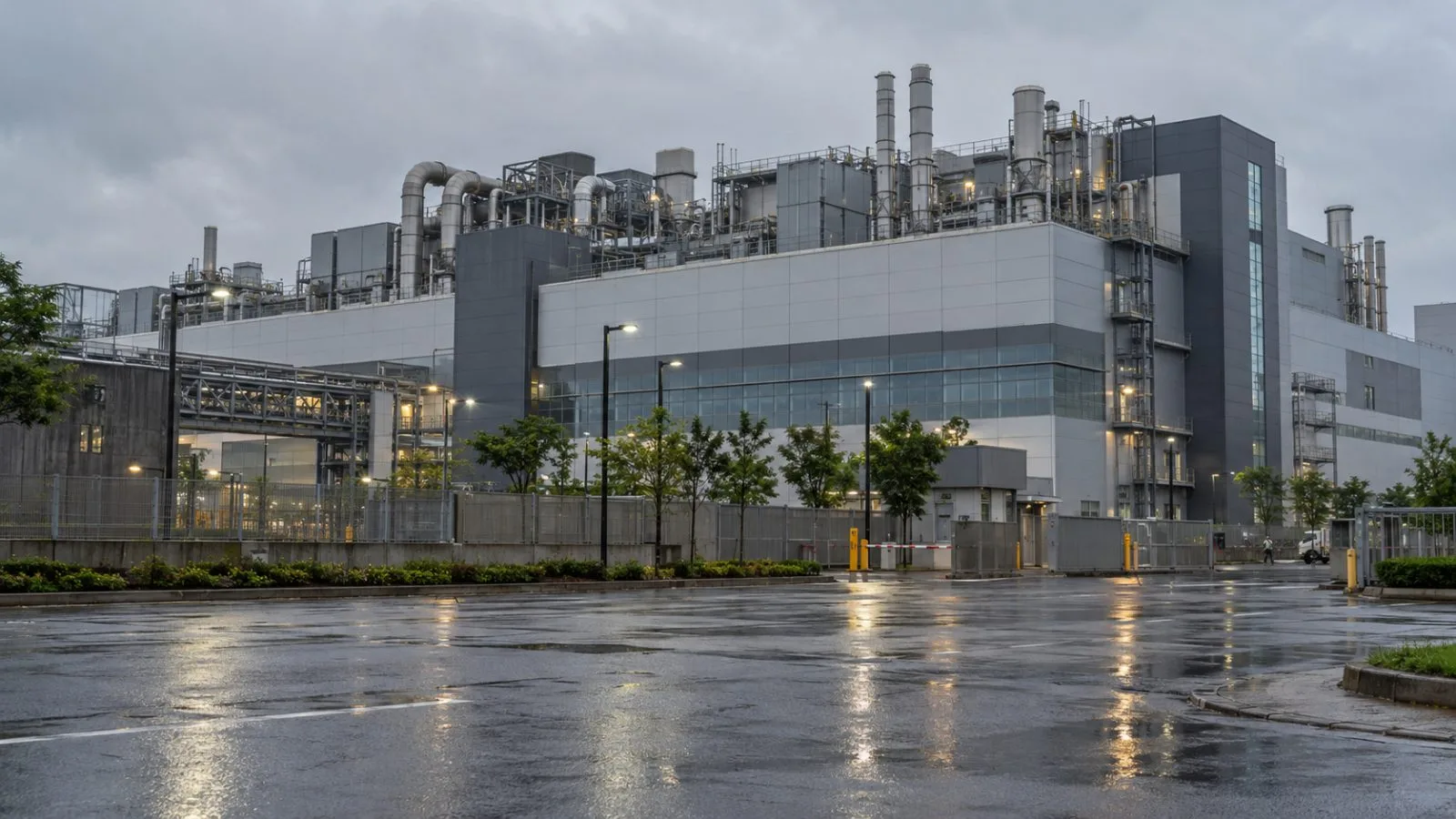 The facade of a semiconductor fabrication building faces a wet road in Hsinchu Science Park, Taiwan. (AI-generated image / EconoTimes)