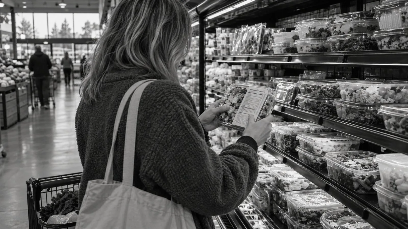 A shopper examines a packaged meal in a supermarket in Petaluma, California. (AI-generated image / EconoTimes)