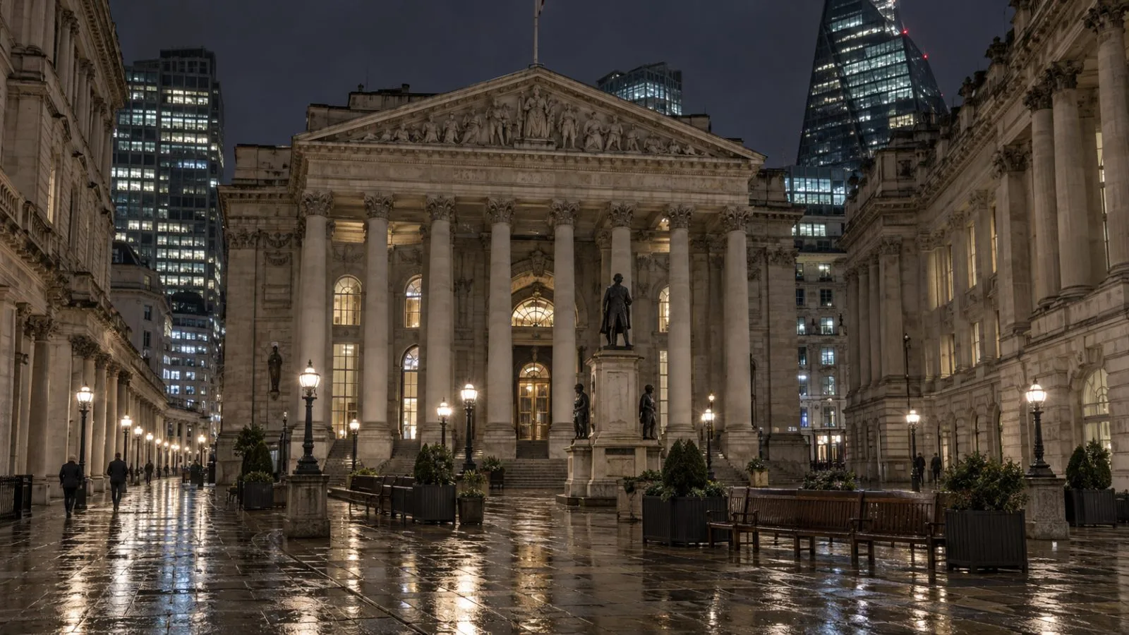 The Royal Exchange courtyard sits quiet after rain in London's financial district. (AI-generated image / EconoTimes)