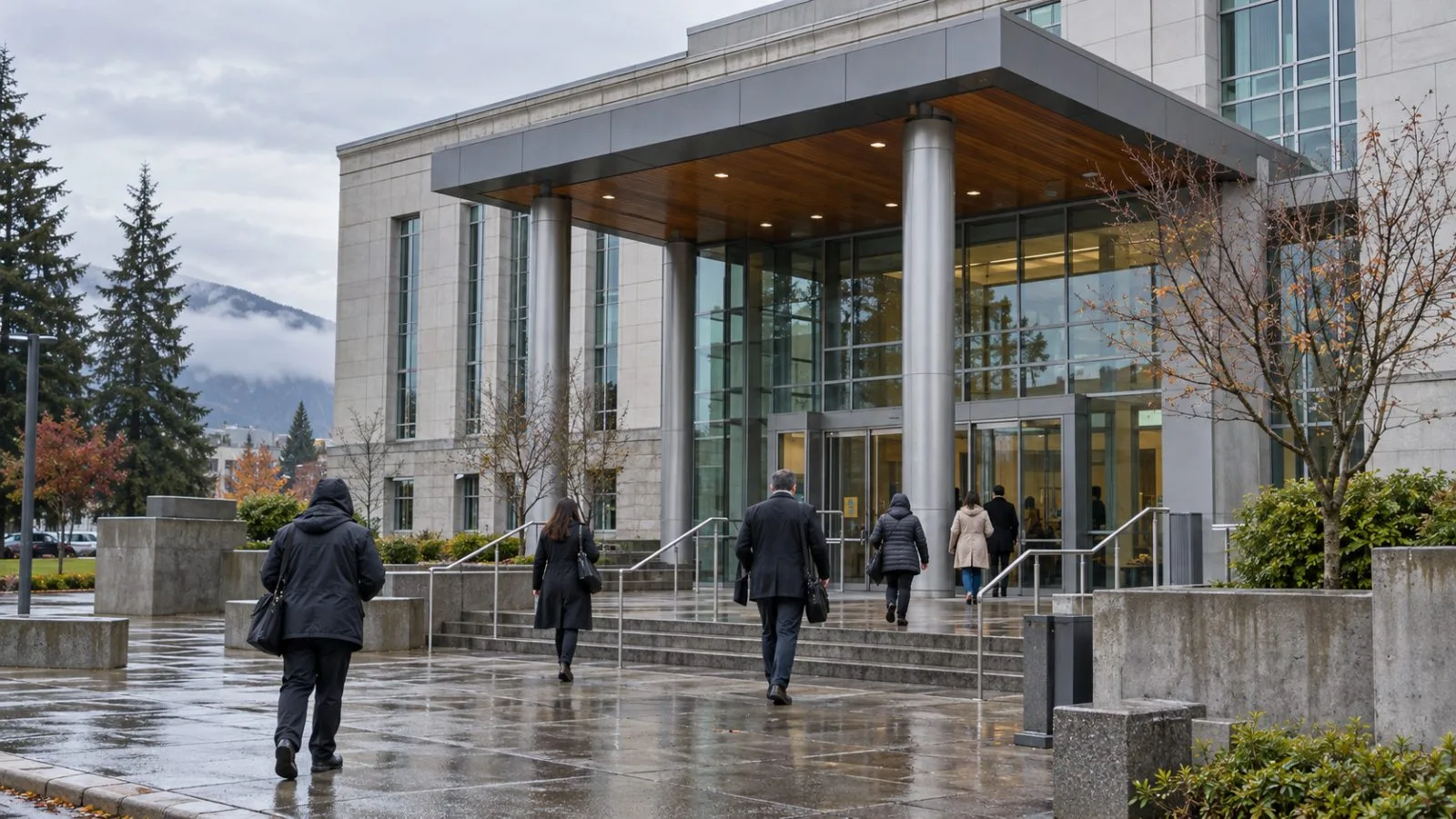 People approach the Abbotsford Law Courts in British Columbia on an overcast morning (AI-generated image / EconoTimes)
