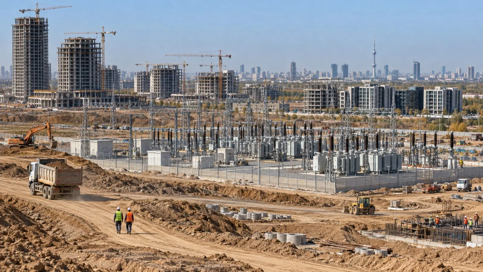 An electrical substation stands beside graded land at New Tashkent, Uzbekistan. (AI-generated image / EconoTimes)