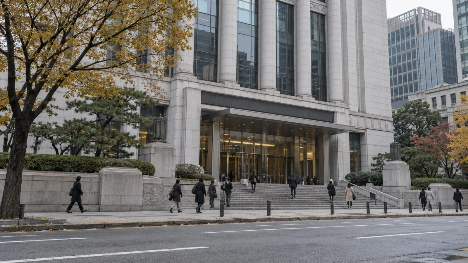 Pedestrians pass the Bank of Korea headquarters in Seoul on an overcast morning. (AI-generated image / EconoTimes)