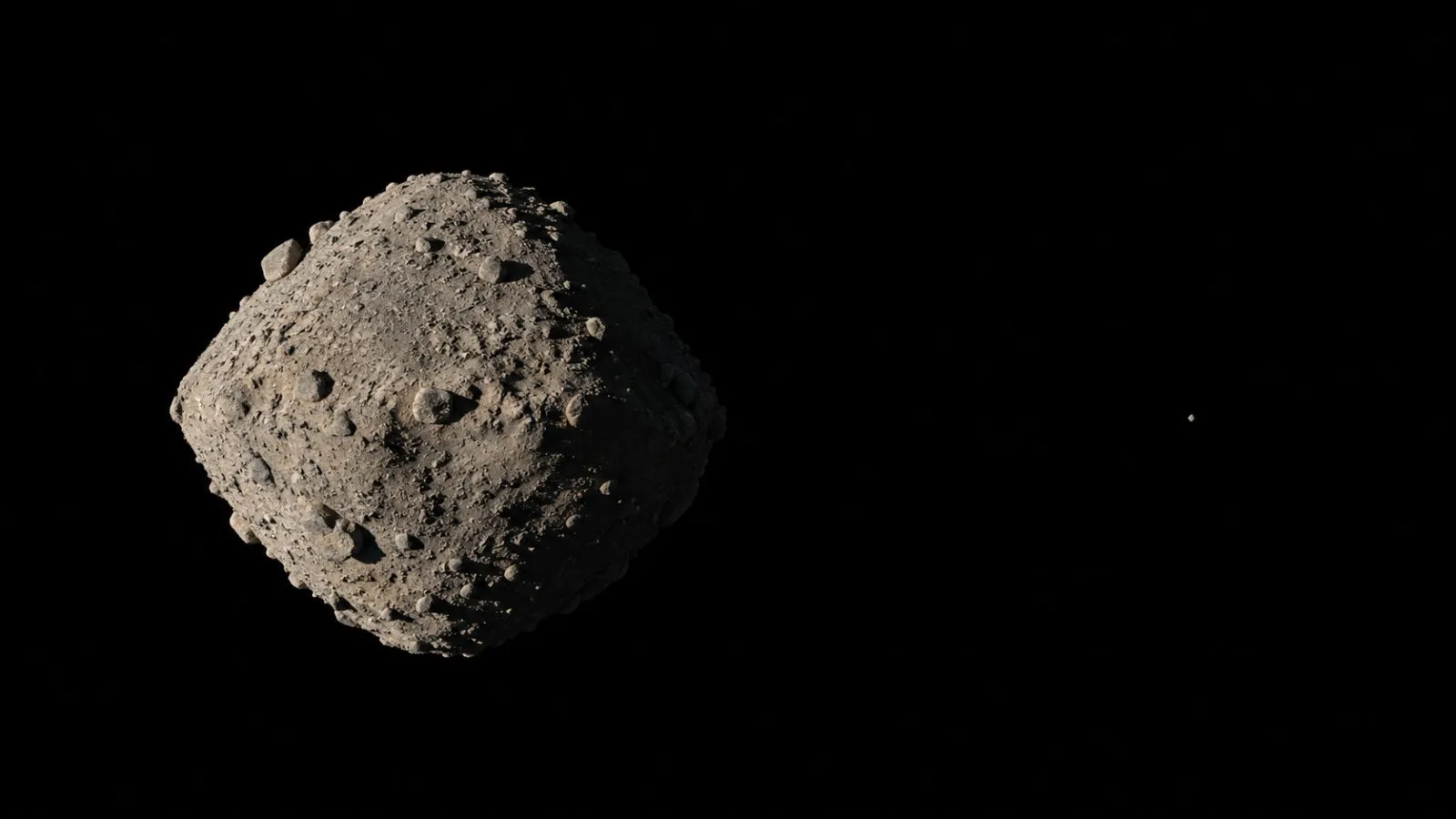 Hera’s monochrome camera resolves Dimorphos beside Didymos in deep space. (AI-generated image / EconoTimes)