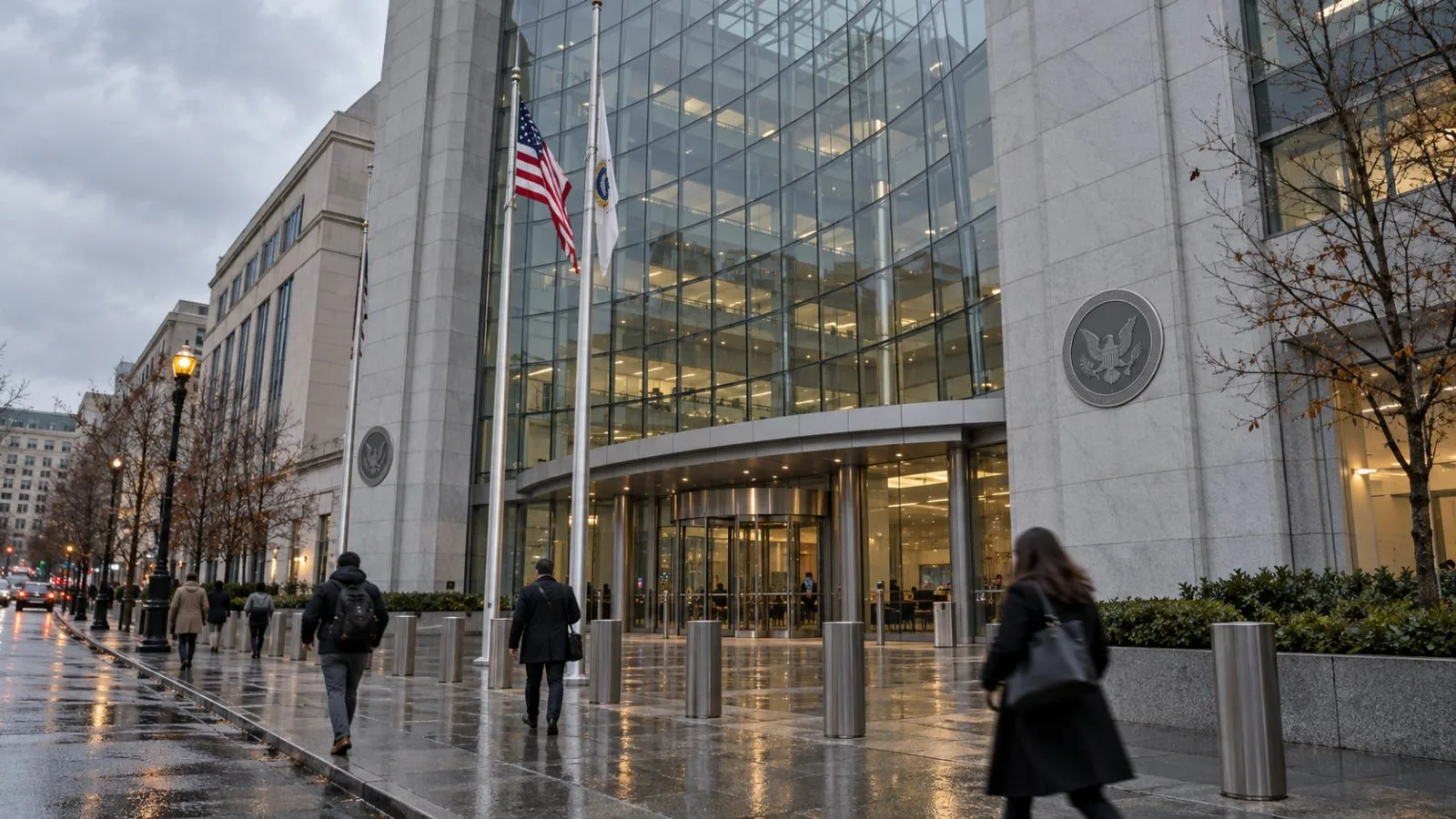 Pedestrians pass the U.S. Securities and Exchange Commission headquarters in Washington, D.C. (AI-generated image / EconoTimes)