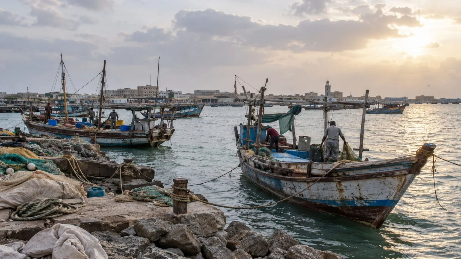 Traditional wooden boats sit moored along the waterfront in Al Hudaydah, Yemen. (AI-generated image / EconoTimes)
