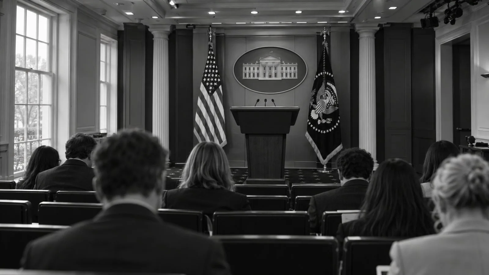 Microphones line the lectern in the White House press briefing room in Washington, D.C. (AI-generated image / EconoTimes)