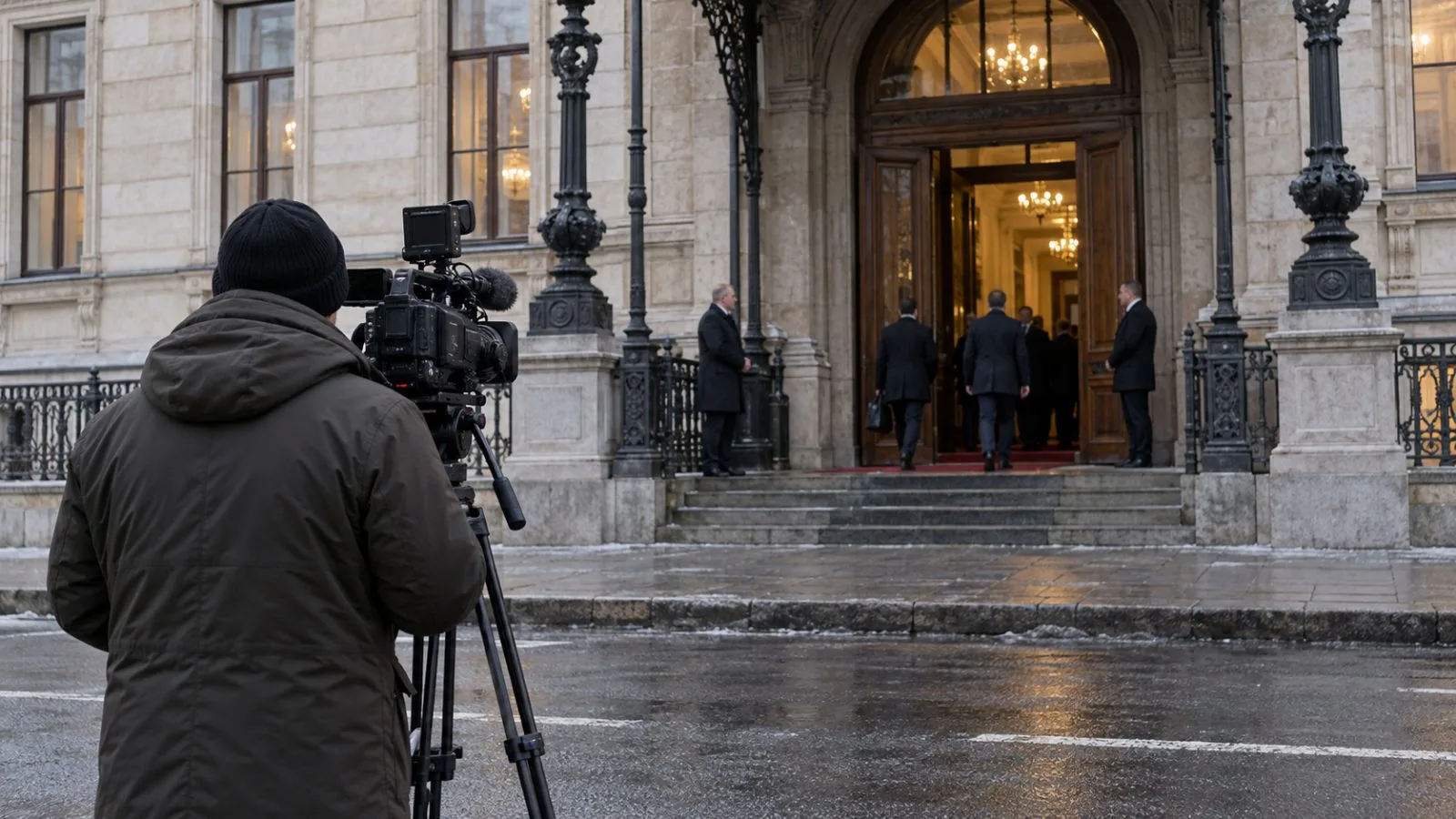 A press camera faces a government meeting venue in St. Petersburg, Russia. (AI-generated image / EconoTimes)