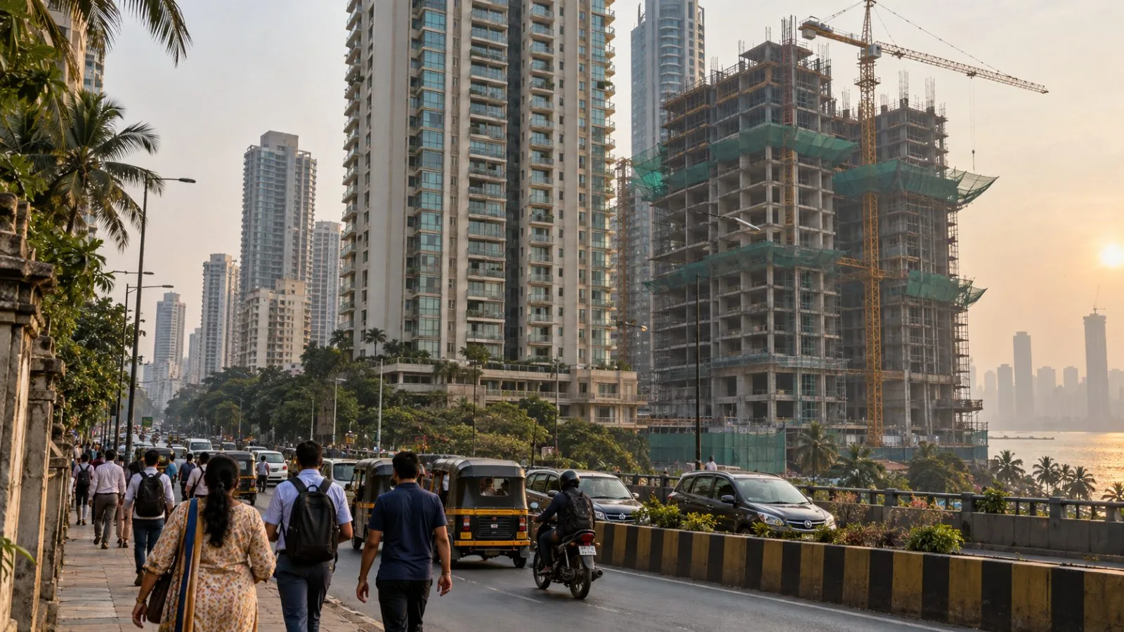 Apartment towers and a residential construction site stand above pedestrians in Mumbai, India. (AI-generated image / EconoTimes)