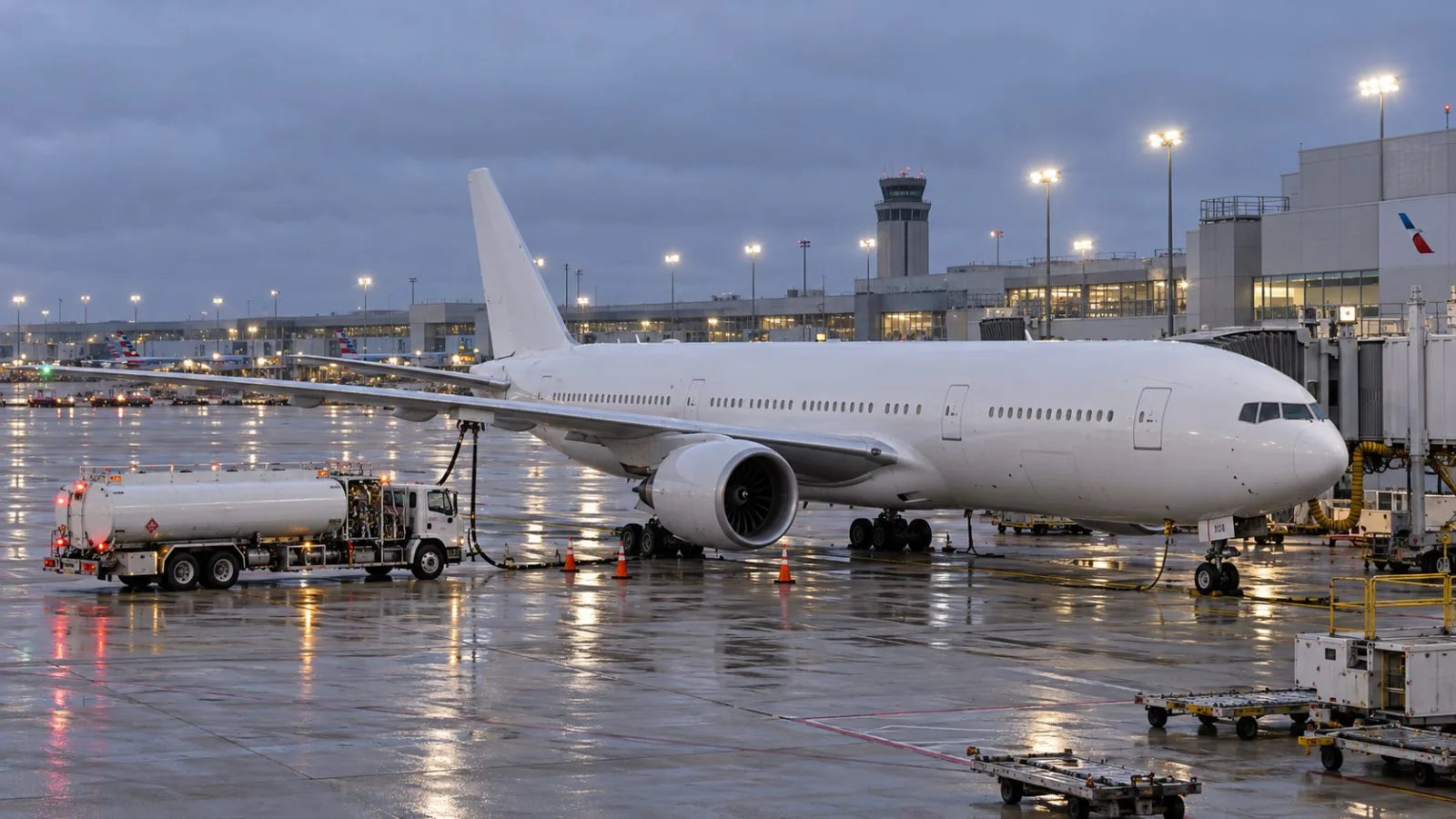A fuel truck services a passenger jet at Dallas Fort Worth International Airport, Texas. / EconoTimes.ai