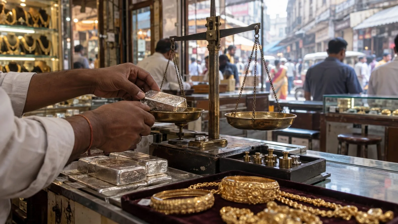 A worker weighs silver bullion beside gold ornaments in Mumbai's Zaveri Bazaar. (AI-generated image / EconoTimes)