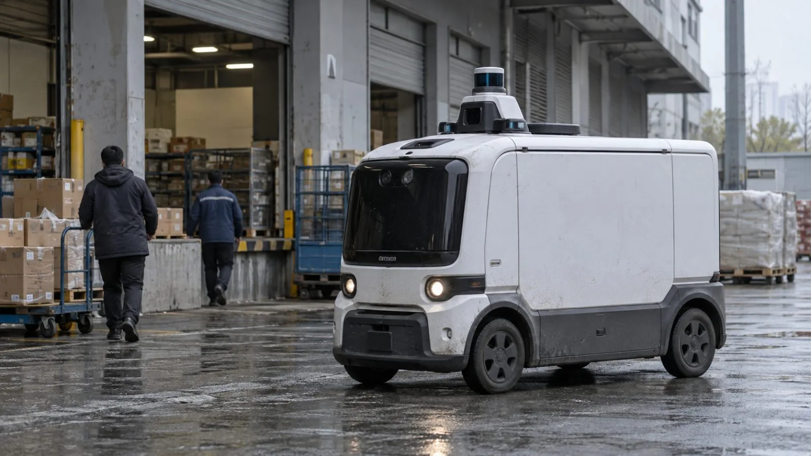 A driverless delivery vehicle stands outside a logistics depot in Beijing, China. (AI-generated image / EconoTimes)