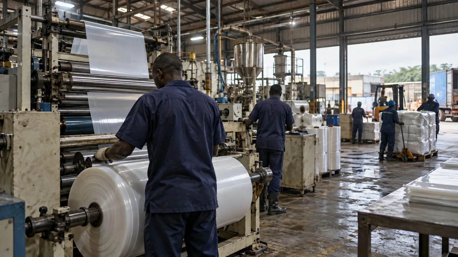 Workers operate machinery inside a factory in Ikeja, Lagos, Nigeria. (AI-generated image / EconoTimes)