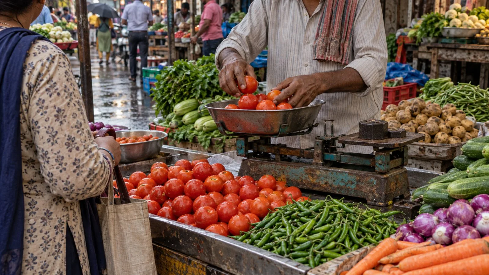 A vendor weighs tomatoes for a shopper at a neighborhood market in New Delhi, India. (AI-generated image / EconoTimes)