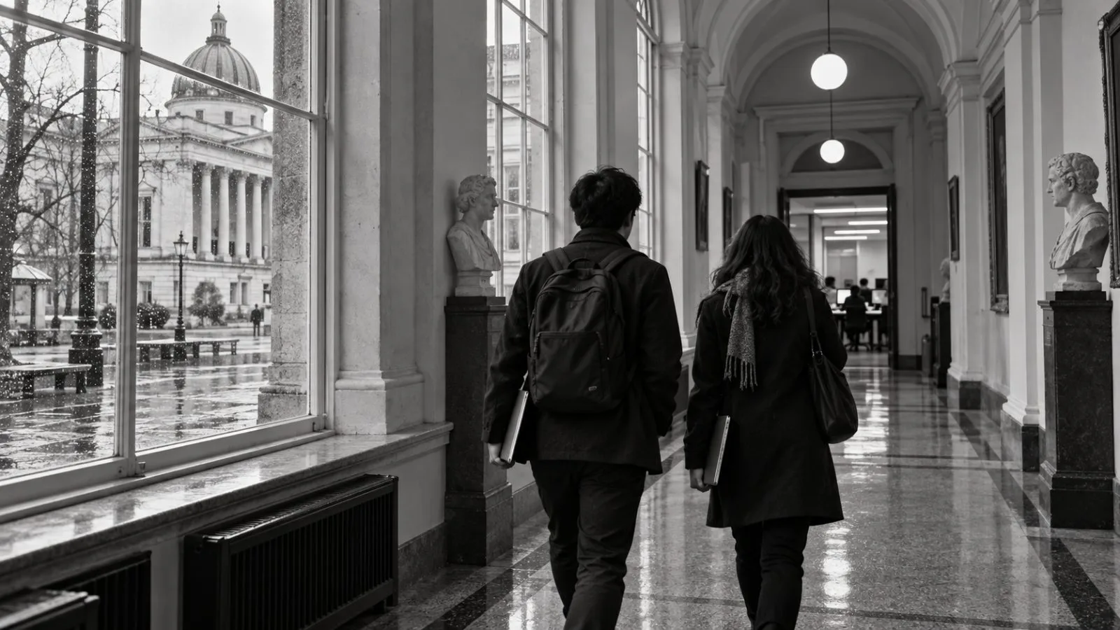 Researchers walk through University College London’s Bloomsbury campus in London on an overcast morning. / EconoTimes.ai