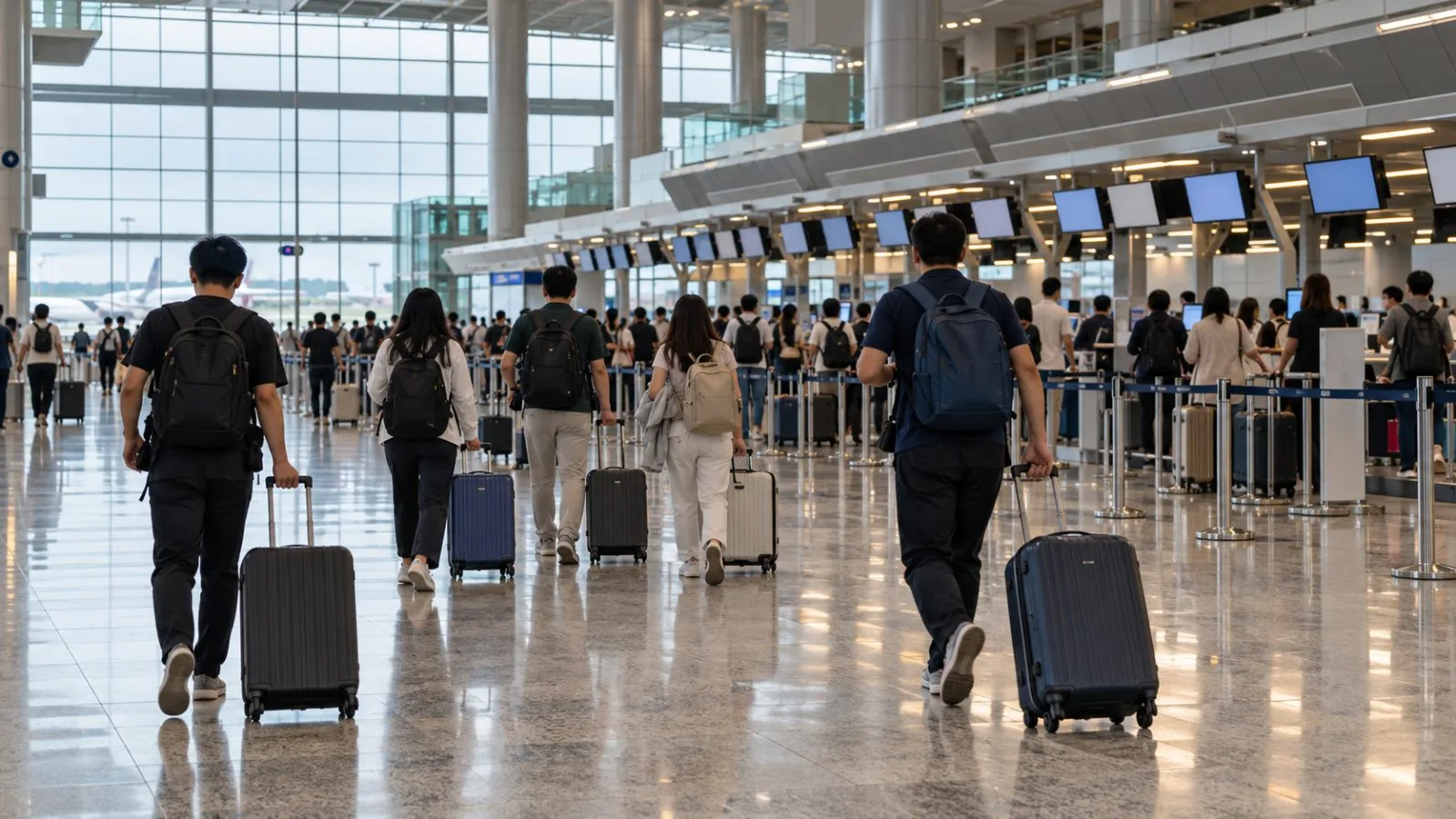 Travelers pull luggage through the departures hall at Don Mueang Airport in Bangkok. (AI-generated image / EconoTimes)