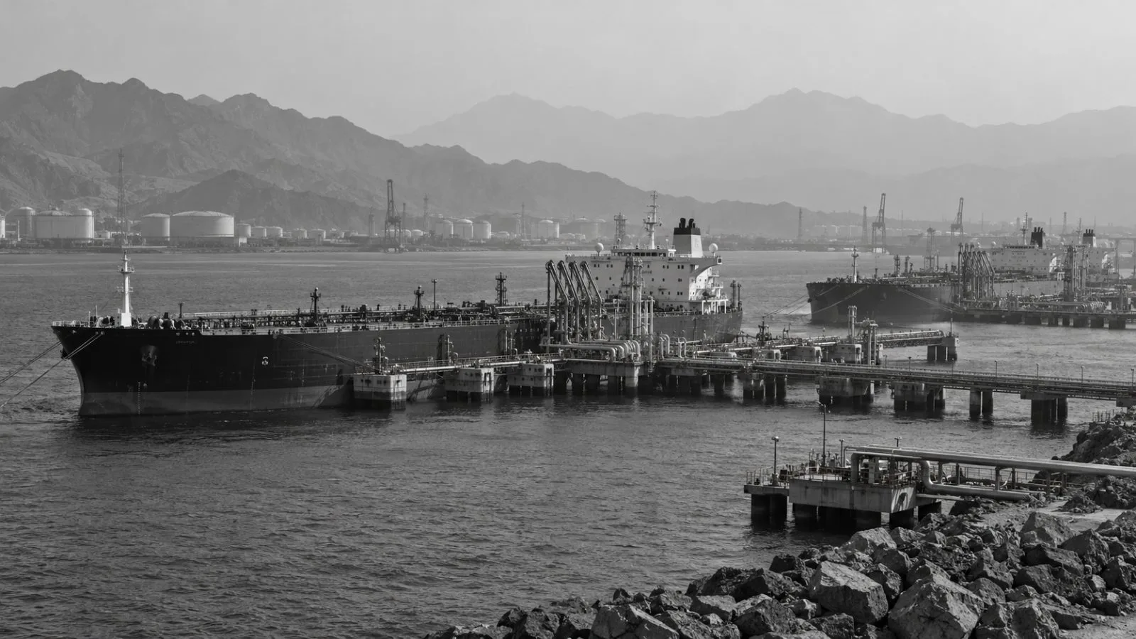 Oil tankers occupy loading berths at the Port of Fujairah in the UAE. (AI-generated image / EconoTimes)