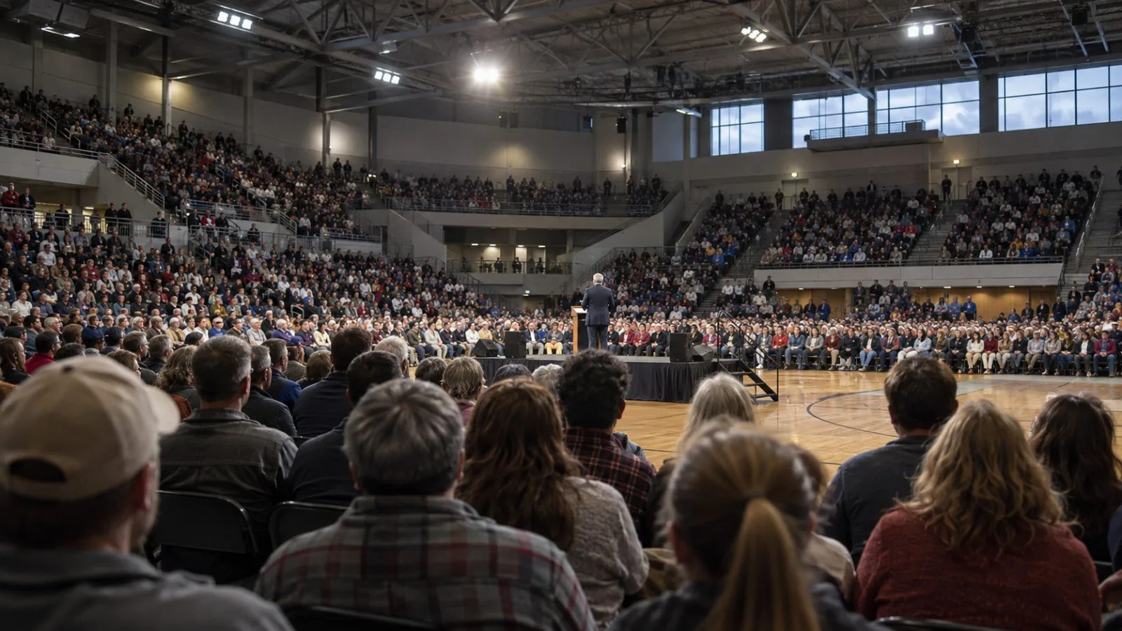 A speaker addresses a crowd at Heartland Credit Union Arena in Park City, Kansas. (AI-generated image / EconoTimes)