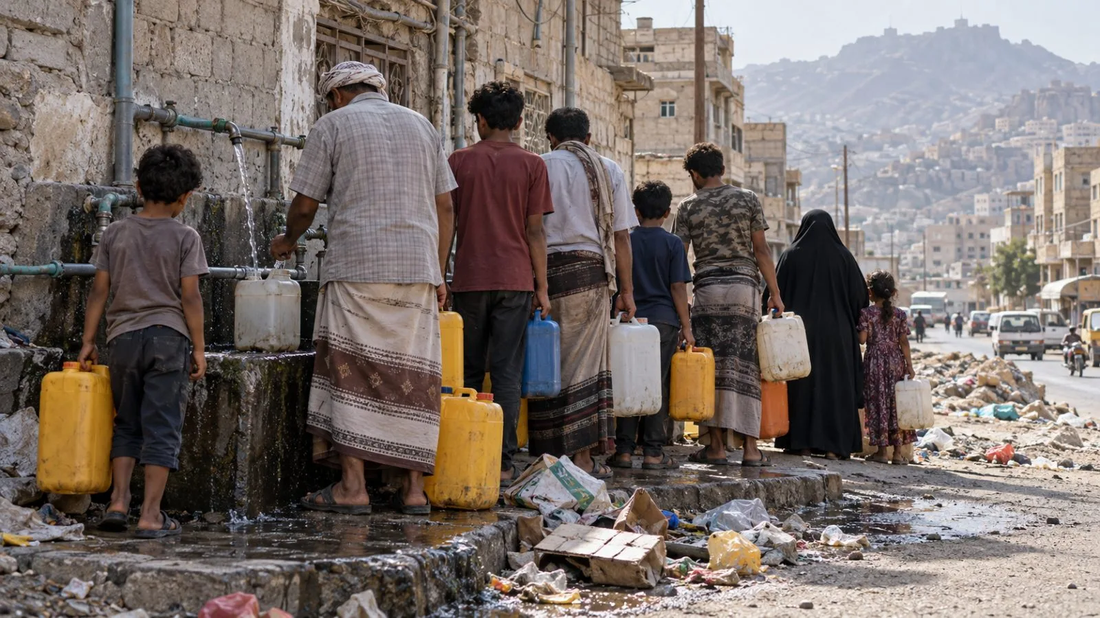 Residents queue with water containers beside accumulated rubbish in Taiz, Yemen. (AI-generated image / EconoTimes)