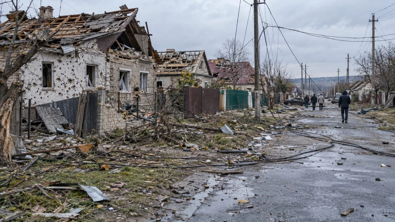 Damaged houses and fallen power lines line a residential street in Korotych, Ukraine. (AI-generated image / EconoTimes)