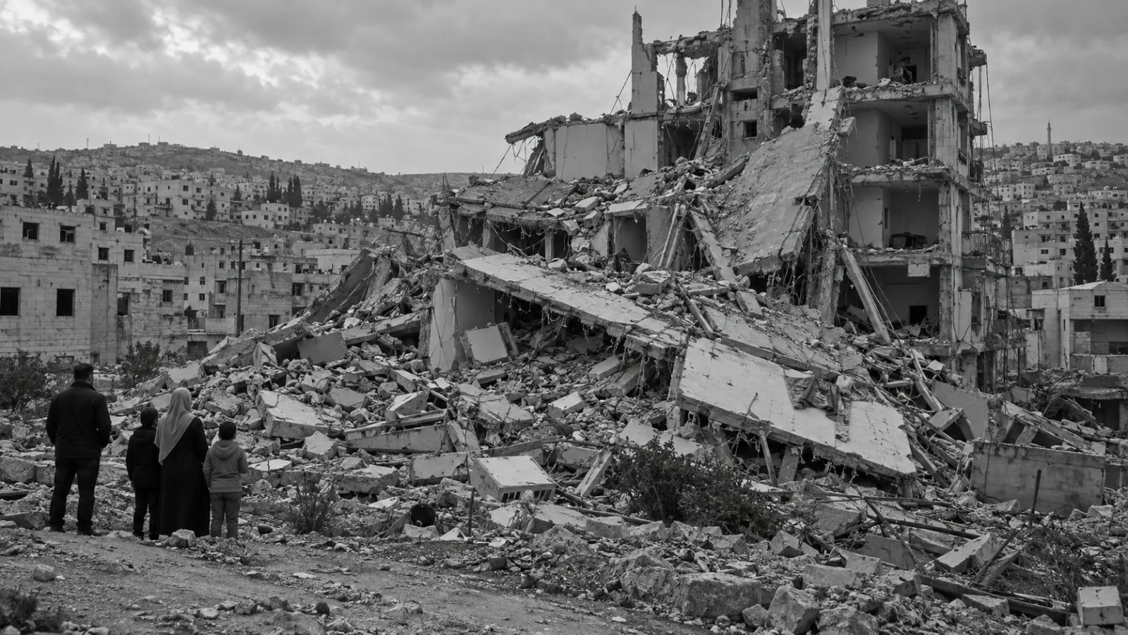 Residents stand beside rubble in Al-Wad near Qalandia refugee camp. (AI-generated image / EconoTimes)
