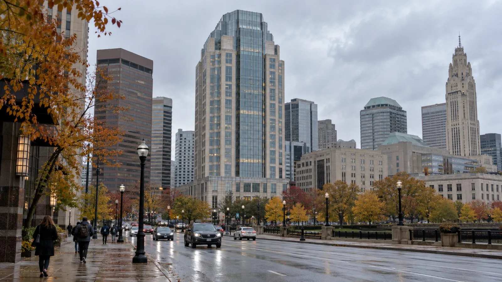 The Huntington Center rises above downtown Columbus, Ohio, on an overcast autumn morning. (AI-generated image / EconoTimes)