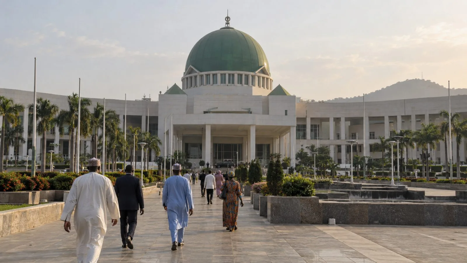 Visitors walk toward the National Assembly complex in Abuja, Nigeria. (AI-generated image / EconoTimes)
