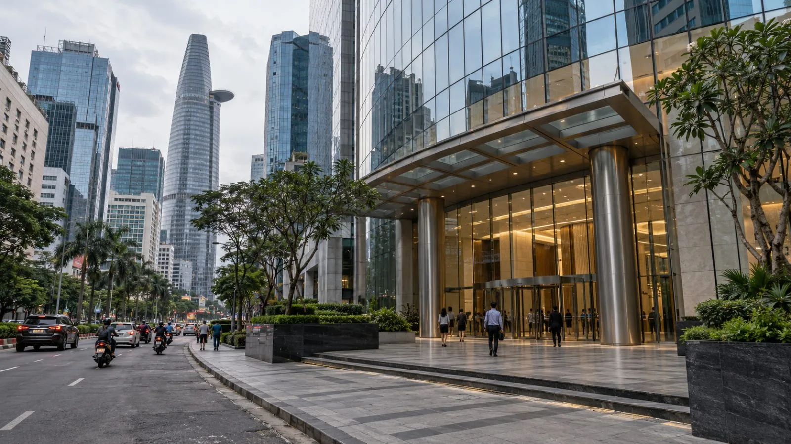 Office towers rise above a busy street in Ho Chi Minh City, Vietnam. (AI-generated image / EconoTimes)