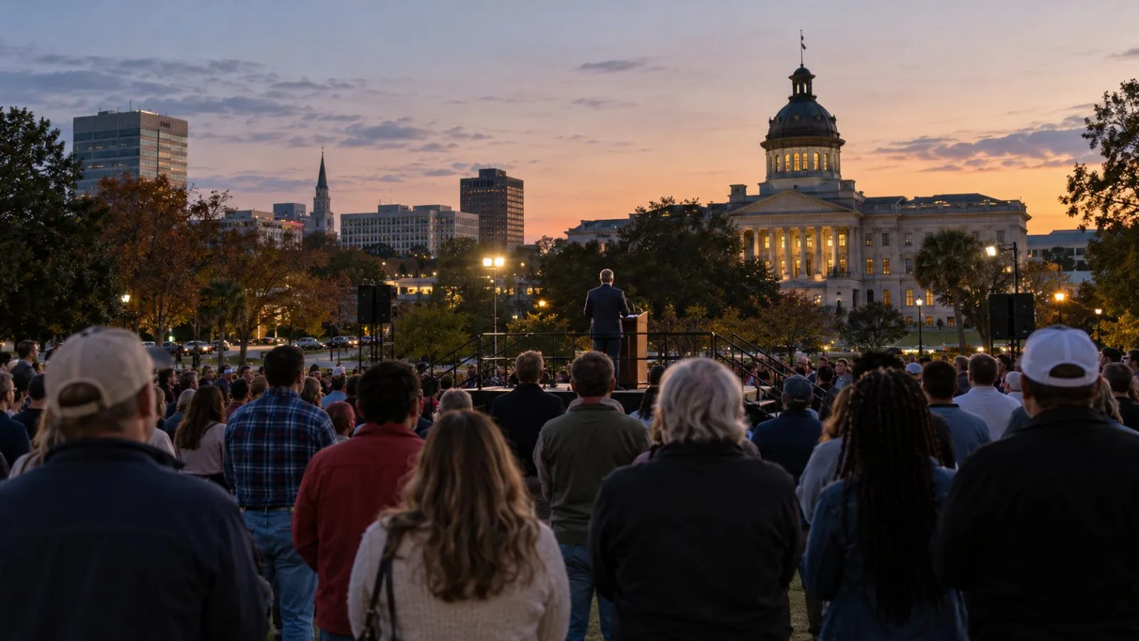 Supporters face a rally stage in South Carolina as evening lights illuminate the outdoor venue. (AI-generated image / EconoTimes)