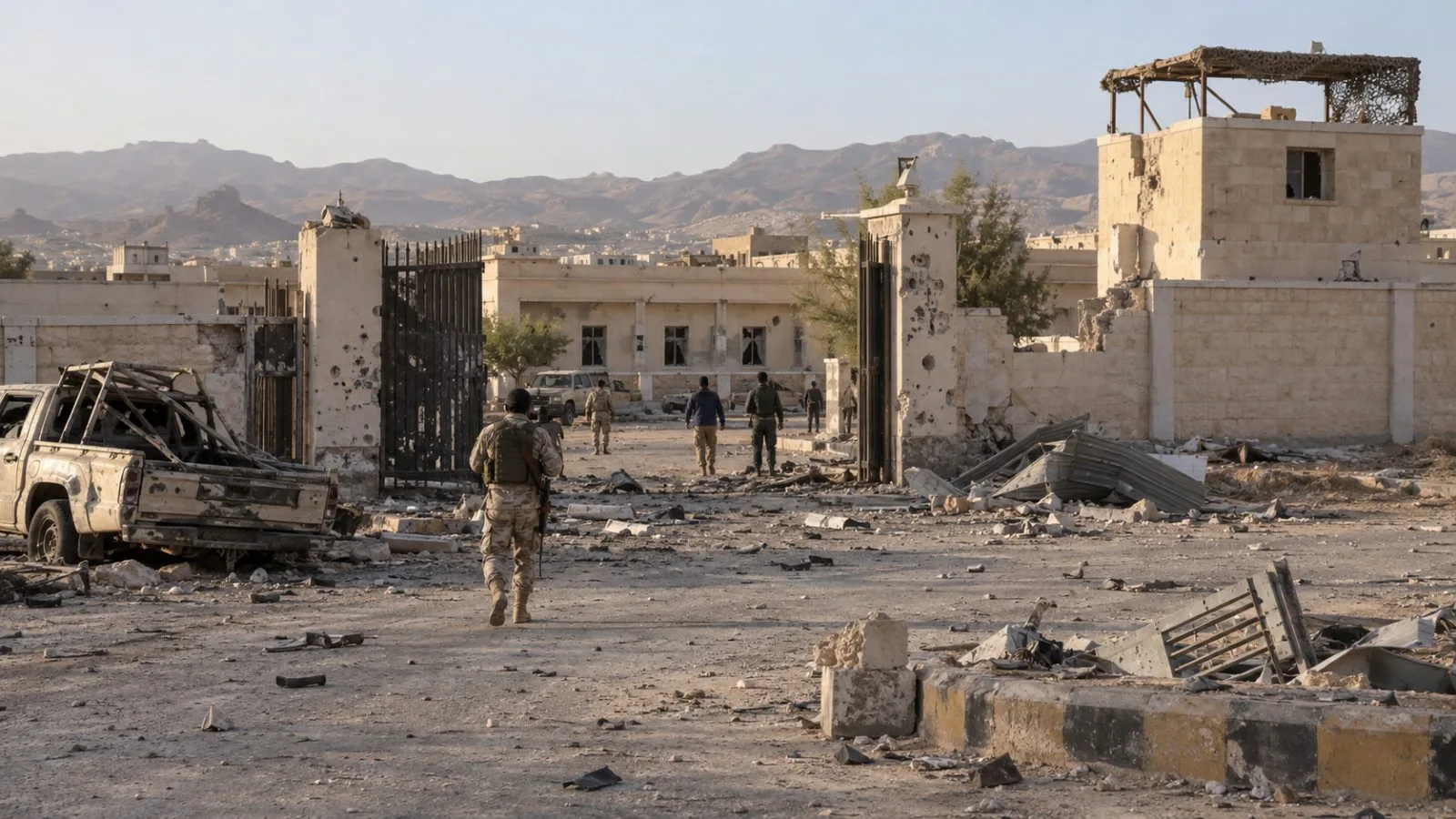 A damaged training compound stands beyond Ataq after a reported strike in Yemen (AI-generated image / EconoTimes)