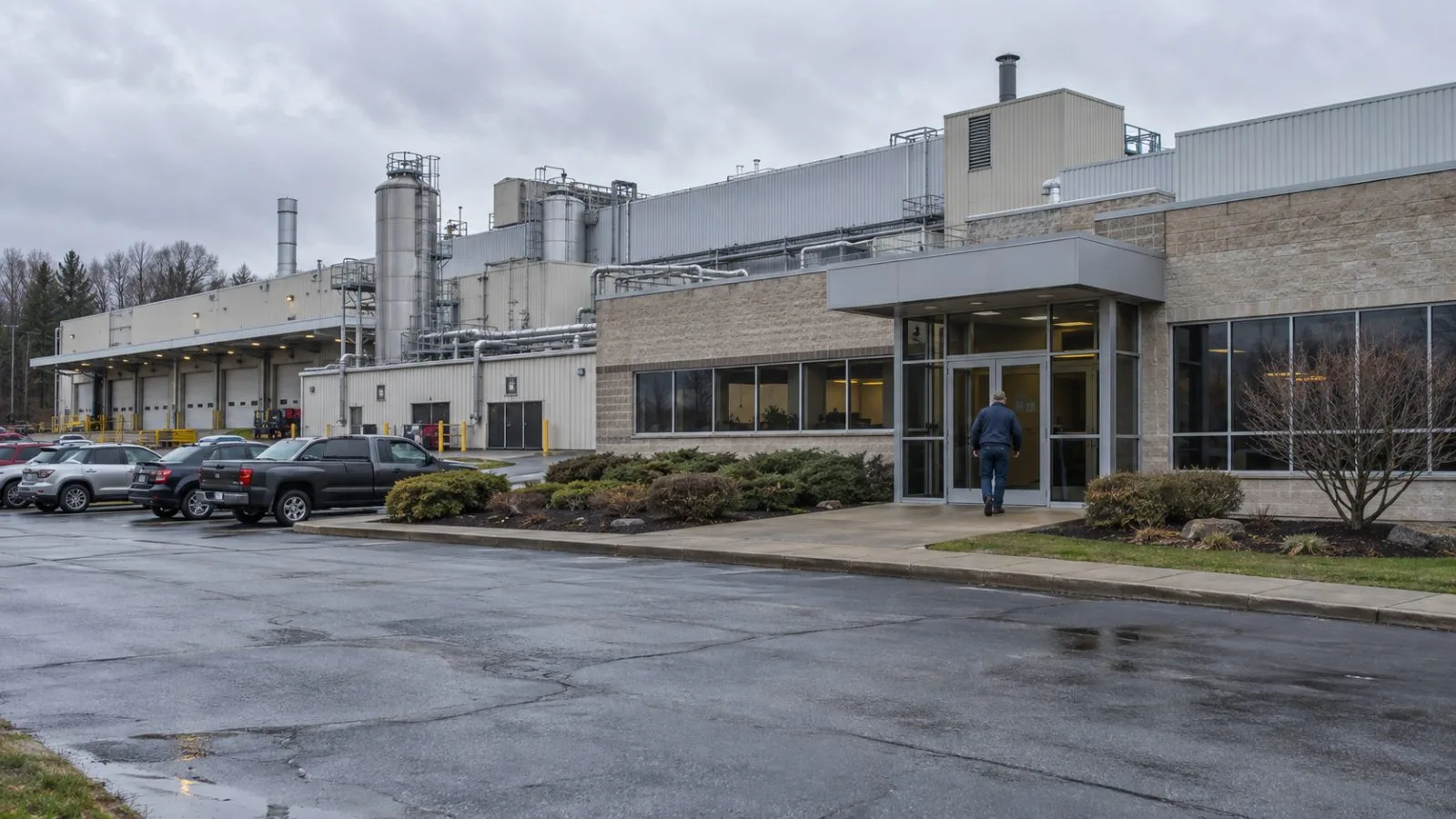 A worker enters a manufacturing plant in Southampton, Pennsylvania, under cloudy morning skies. (AI-generated image / EconoTimes)
