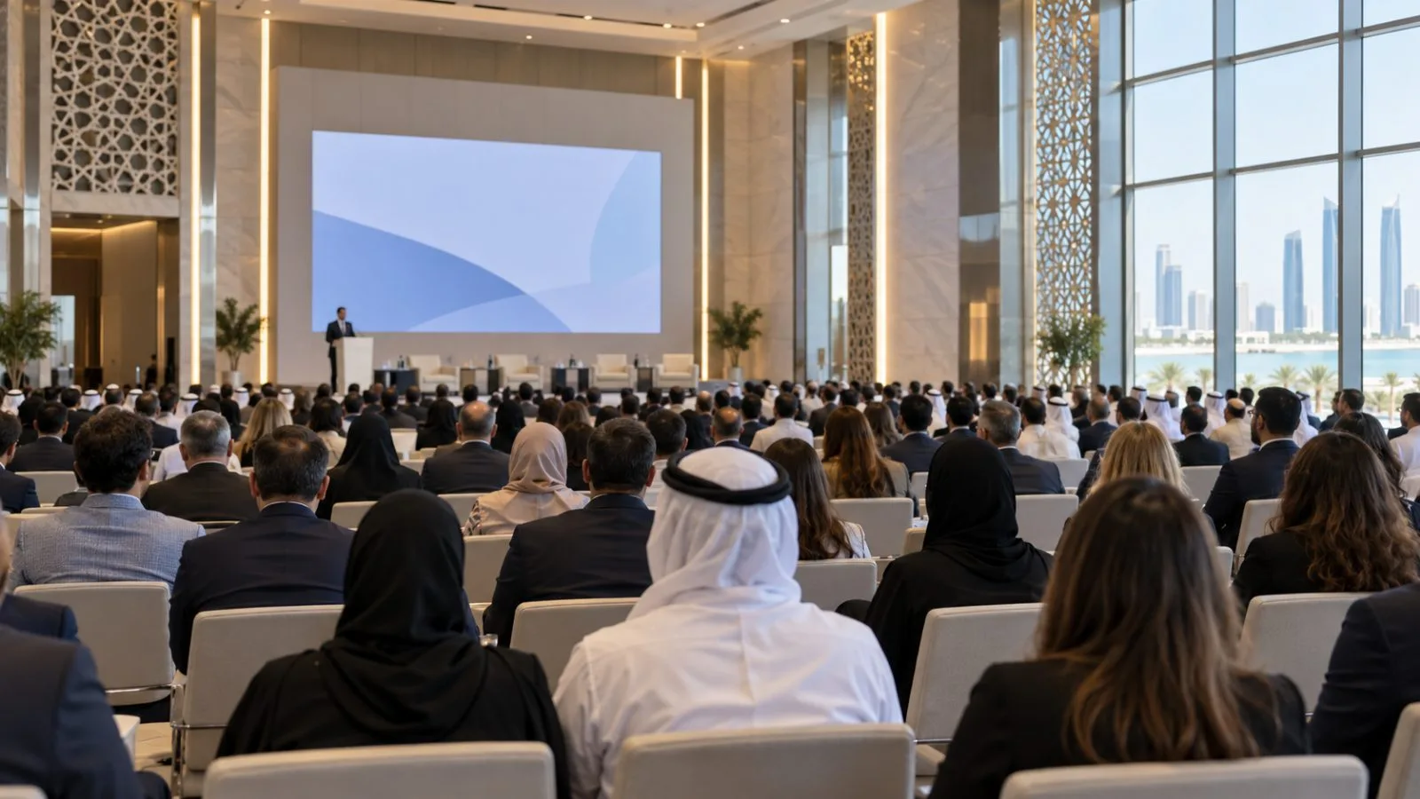 Attendees sit during a health summit in Abu Dhabi, United Arab Emirates. (AI-generated image / EconoTimes)