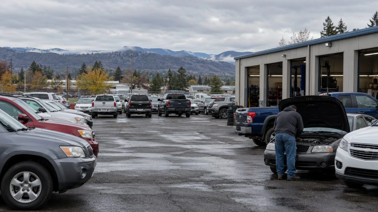 Used vehicles line a dealership lot in Medford, Oregon, under cloudy skies. (AI-generated image / EconoTimes)