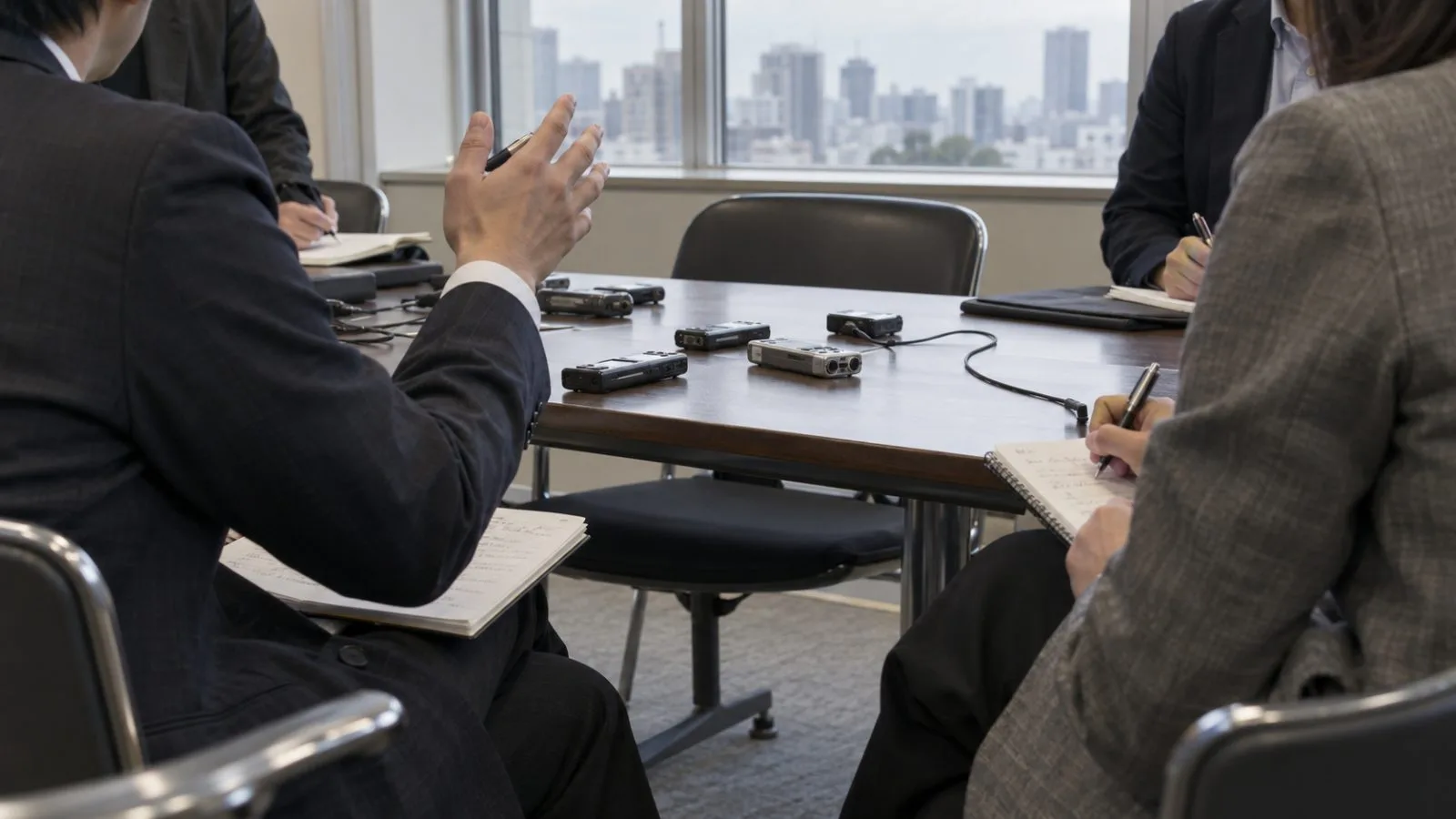 Journalists gather around audio recorders during an interview in Tokyo. (AI-generated image / EconoTimes)