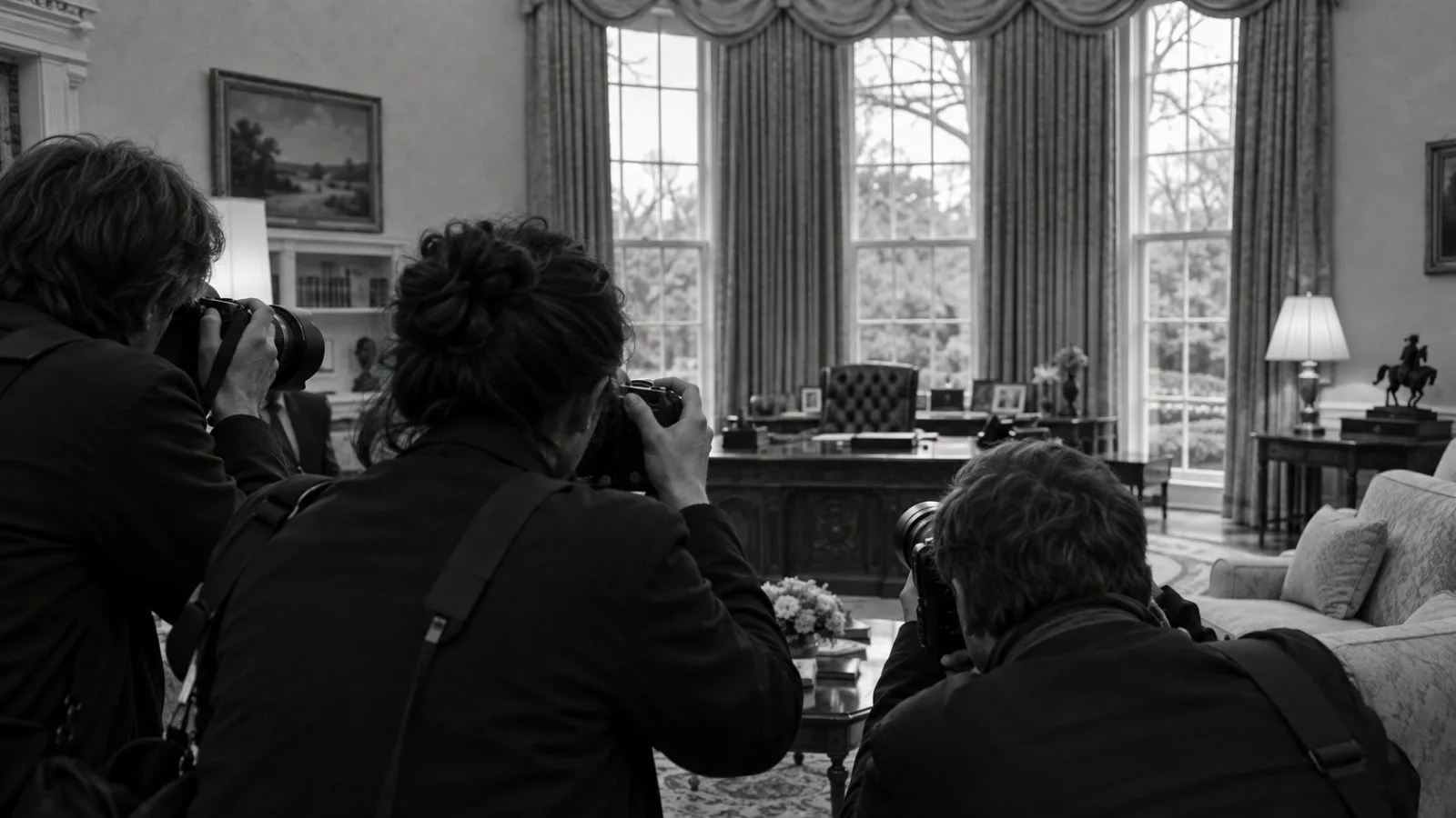 Press photographers aim their cameras inside the Oval Office in Washington. (AI-generated image / EconoTimes)