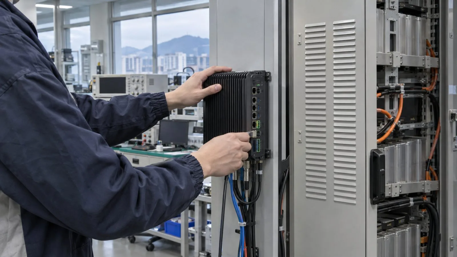 A technician checks an industrial edge computer beside an energy storage control cabinet in Taipei, Taiwan. (AI-generated image / EconoTimes)