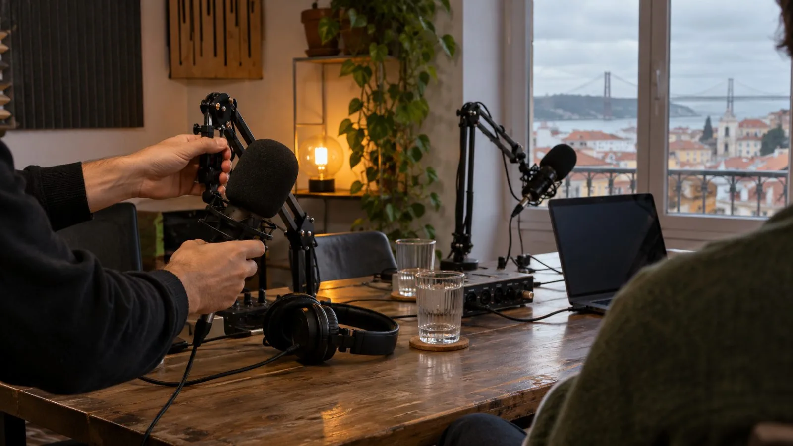 A microphone and headphones rest in a podcast studio in Lisbon, Portugal. (AI-generated image / EconoTimes)