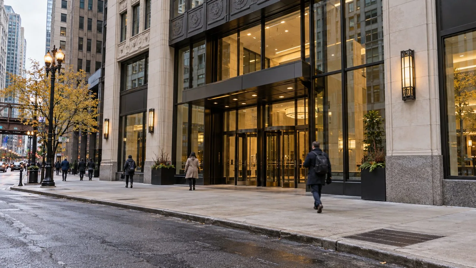 Pedestrians pass the downtown office building at 131 South Dearborn Street in Chicago. (AI-generated image / EconoTimes)