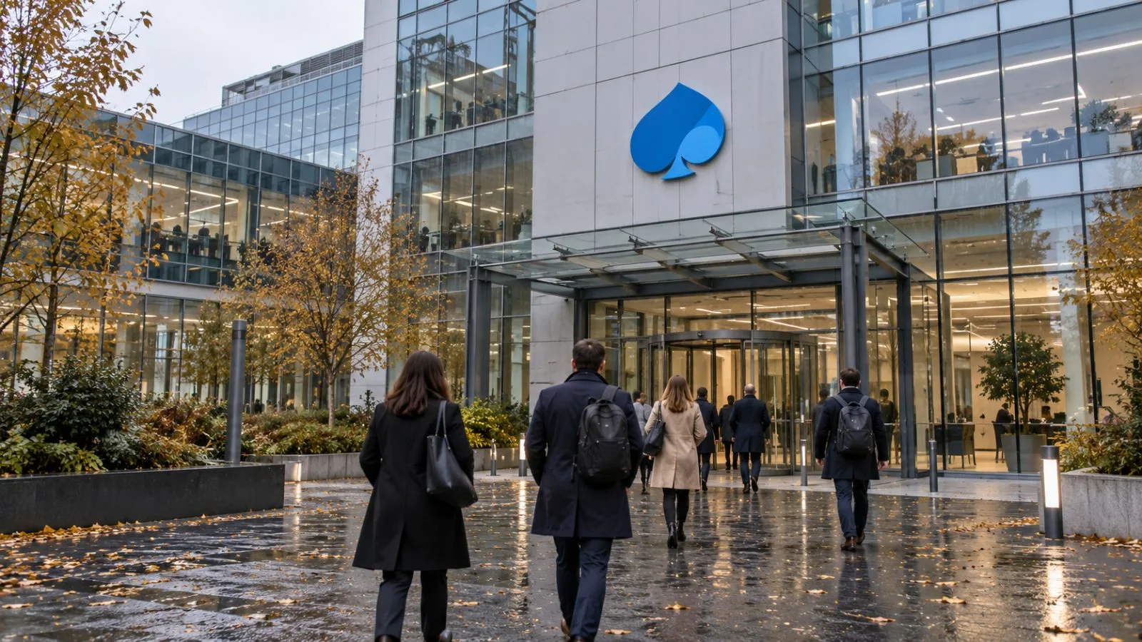Employees enter an office campus in Issy-les-Moulineaux, France, on an overcast morning. / EconoTimes.ai