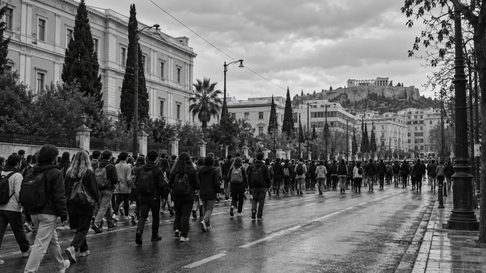 Students and teachers march through central Athens, Greece, during a public education rally. (AI-generated image / EconoTimes)