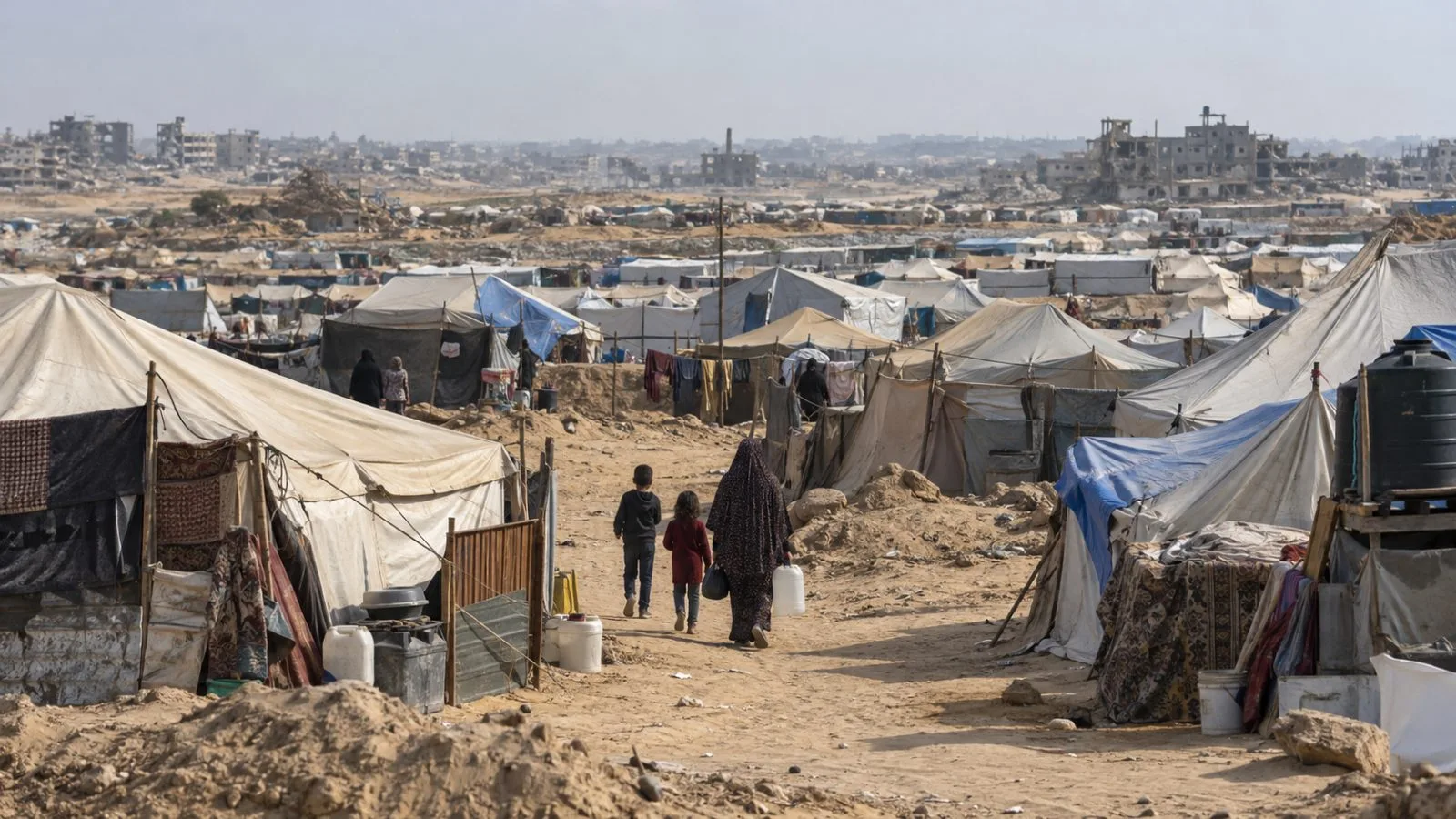 Displaced Palestinians move between tents at Bir 19, west of Khan Younis, Gaza (AI-generated image / EconoTimes)