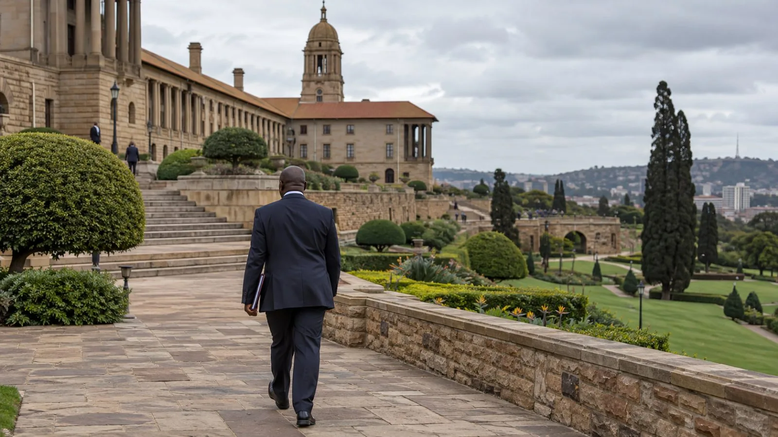 An official carries a closed folder across the Union Buildings grounds in Pretoria, South Africa. (AI-generated image / EconoTimes)
