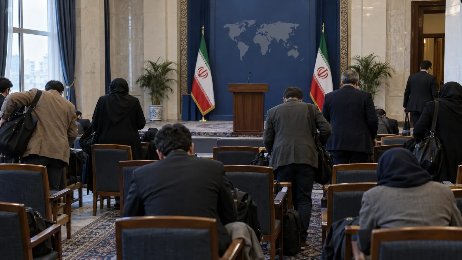 Journalists face an empty lectern in a Foreign Ministry briefing room in Tehran. (AI-generated image / EconoTimes)