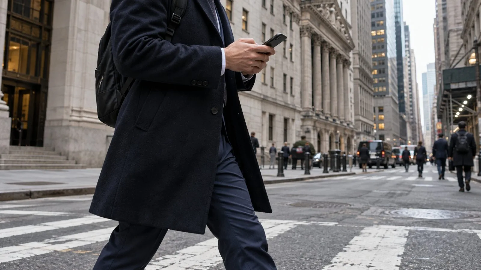 An anonymous commuter checks a phone on Broad Street in Manhattan’s Financial District. (AI-generated image / EconoTimes)