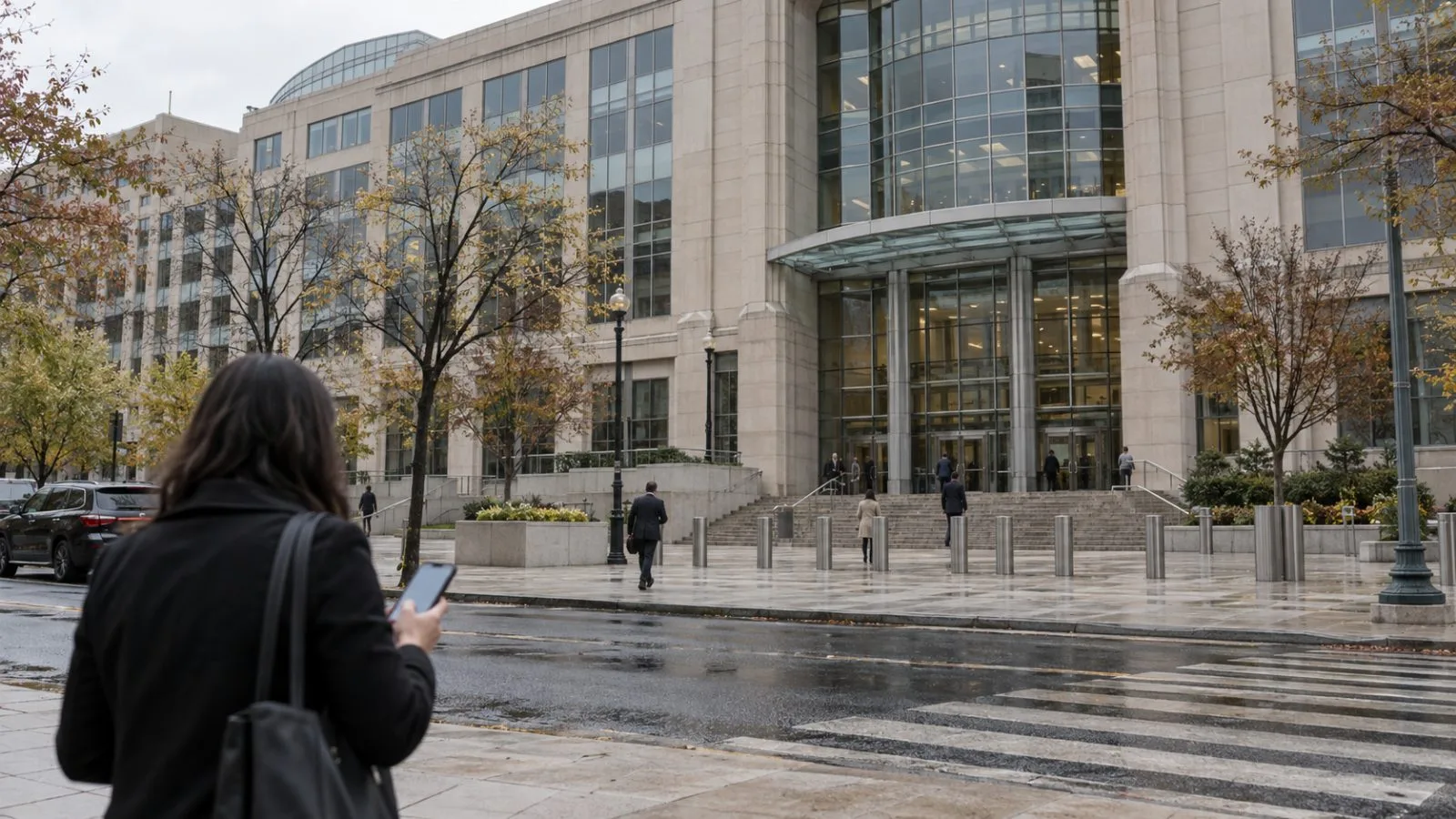 A passerby uses a cellphone outside the FCC headquarters in Washington, D.C. (AI-generated image / EconoTimes)