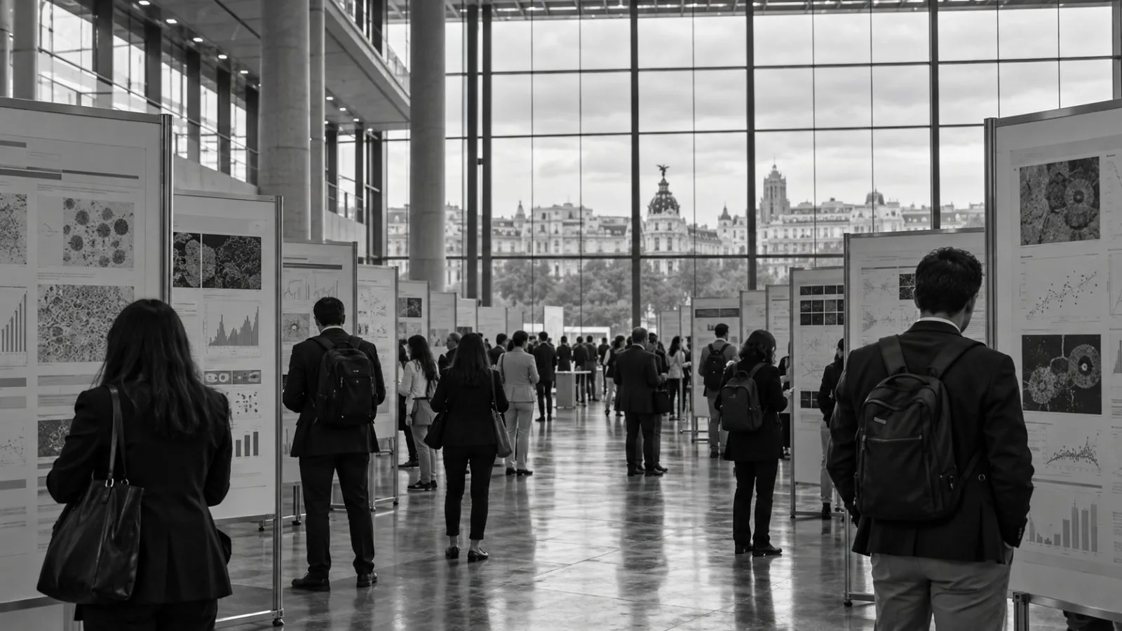 Attendees examine research posters at an oncology congress in Madrid, Spain. (AI-generated image / EconoTimes)
