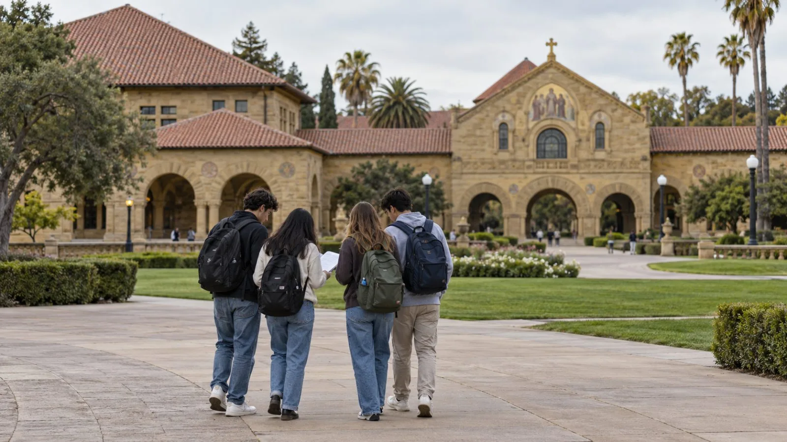 Students cross Stanford University’s Main Quad in Palo Alto, California, on an overcast afternoon. (AI-generated image / EconoTimes)