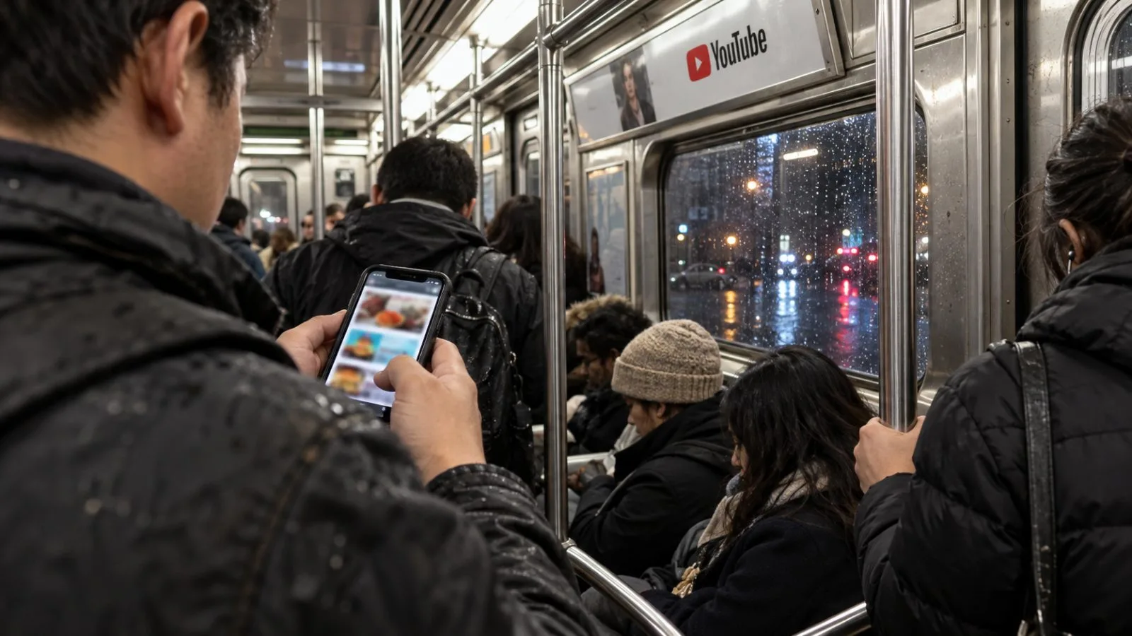 A commuter scrolls a smartphone aboard a New York City subway train. / EconoTimes.ai