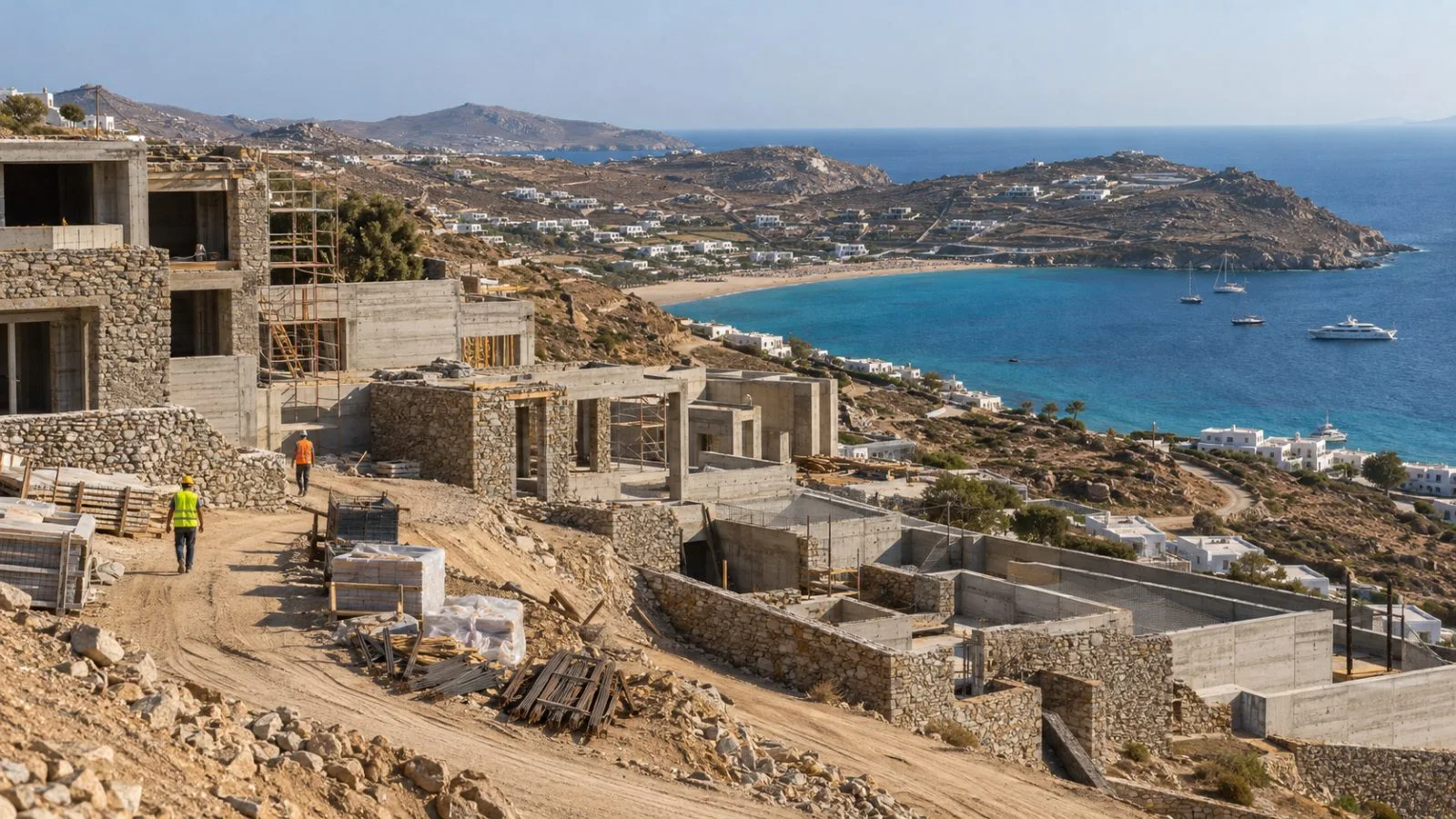 Construction progresses on an elevated resort site overlooking Kalo Livadi Bay on Mykonos, Greece. (AI-generated image / EconoTimes)