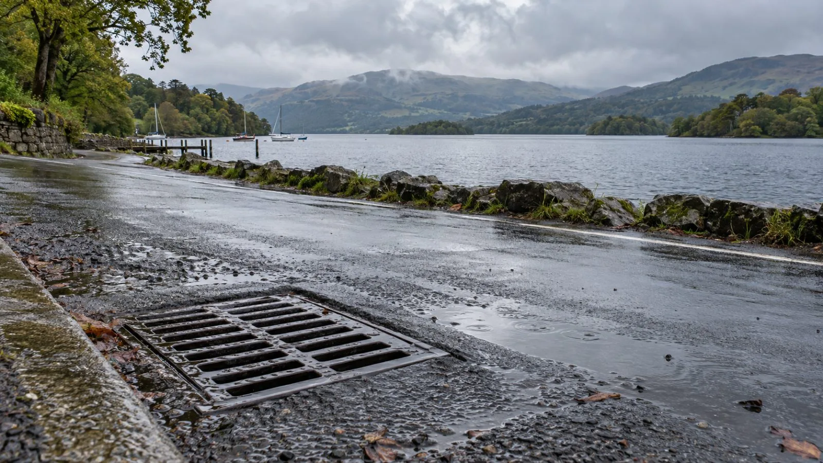 A wet road drain borders Lake Windermere in Cumbria, England. (AI-generated image / EconoTimes)